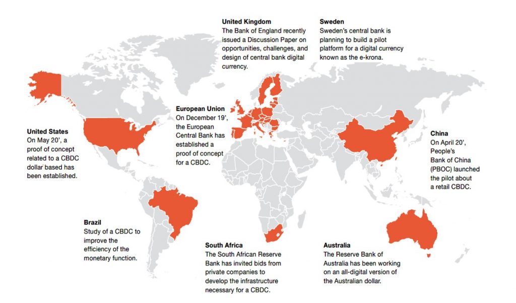 World map showing status of digital currencies around the world